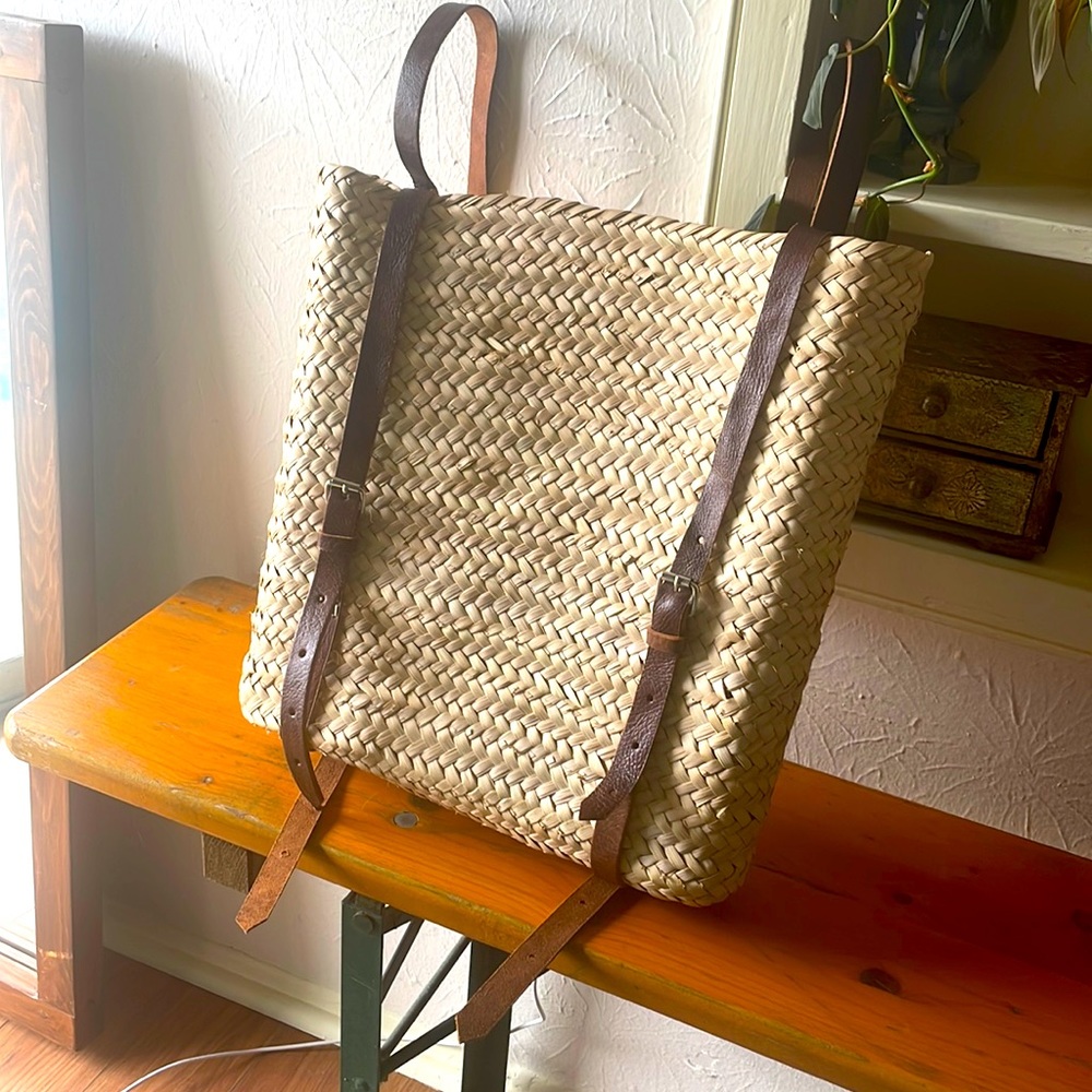 Loom Good Woven Straw Backpack with Adjustable Leather Straps